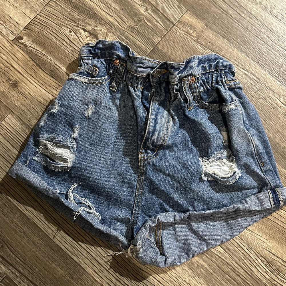 Blue Distressed Jean Shorts with Raw Hem